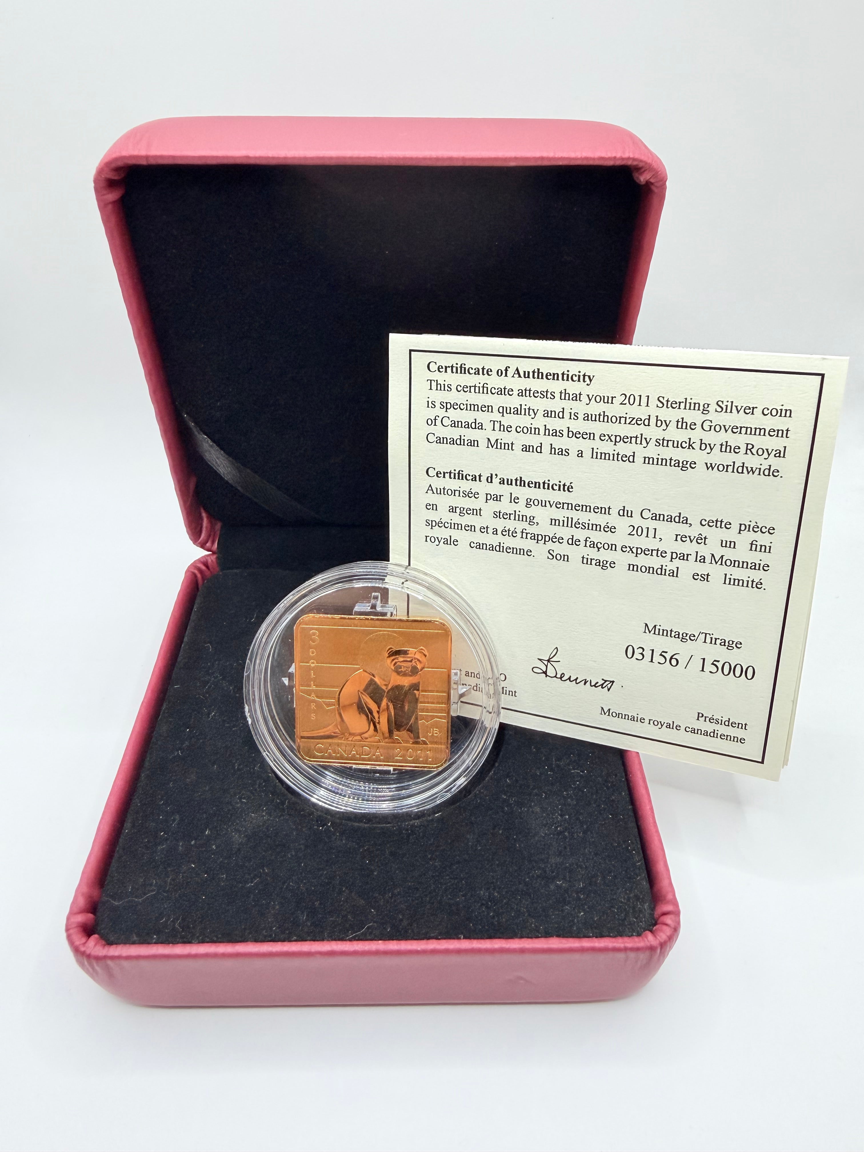 2011 Canada $3 Wildlife Conservation Series: Black-Footed Ferret Gold-Plated Sterling Silver Square Coin (Box & COA)