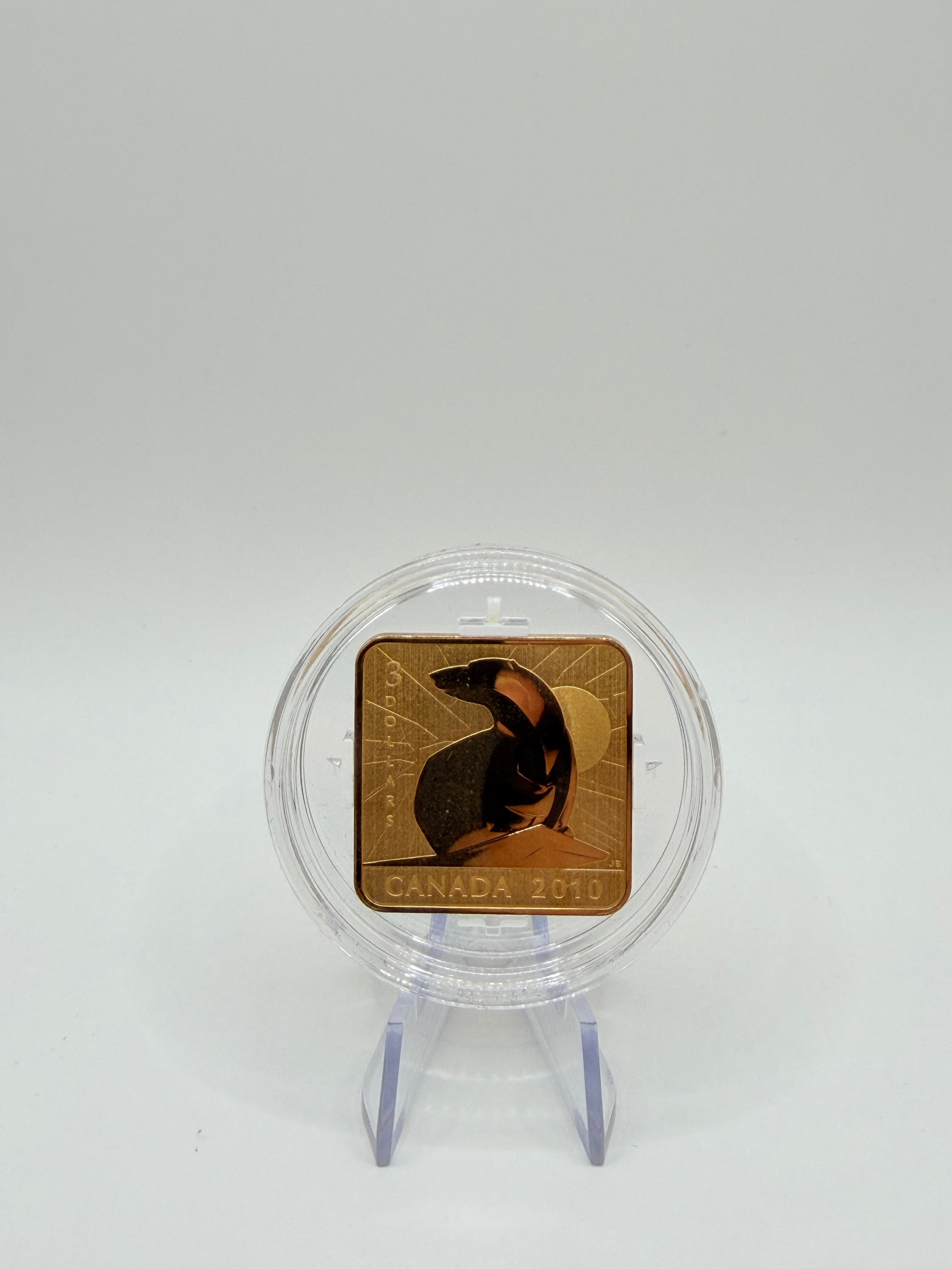2010 Canada $3 Wildlife Conservation Series: Polar Bear Gold-Plated Sterling Silver Square Coin (Box & COA)
