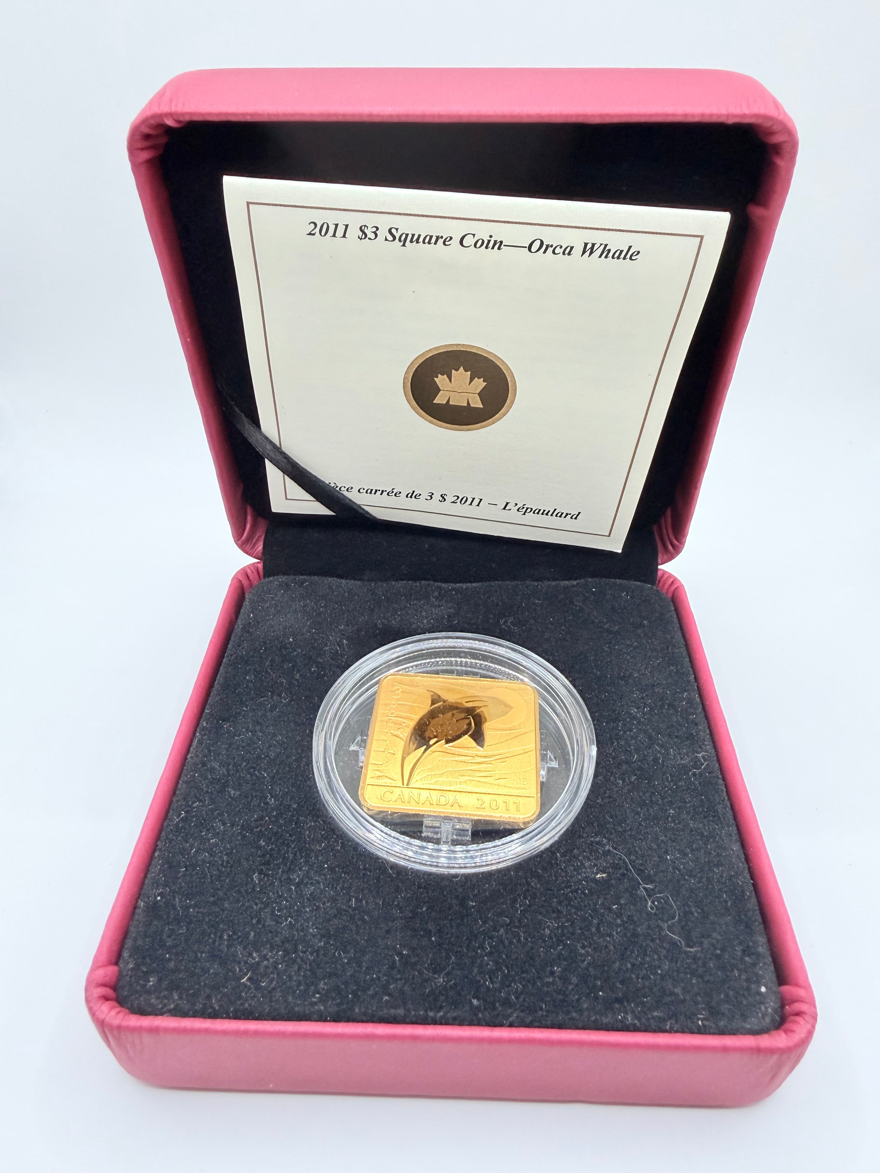 2011 Canada $3 Wildlife Conservation Series: Orca Whale Gold-Plated Sterling Silver Square Coin (Box & COA)