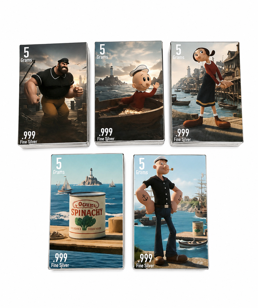 5g Popeye the Sailor Man Fine Silver Bar – Individual Character Collection (.999 Pure) by PAN Silver Company