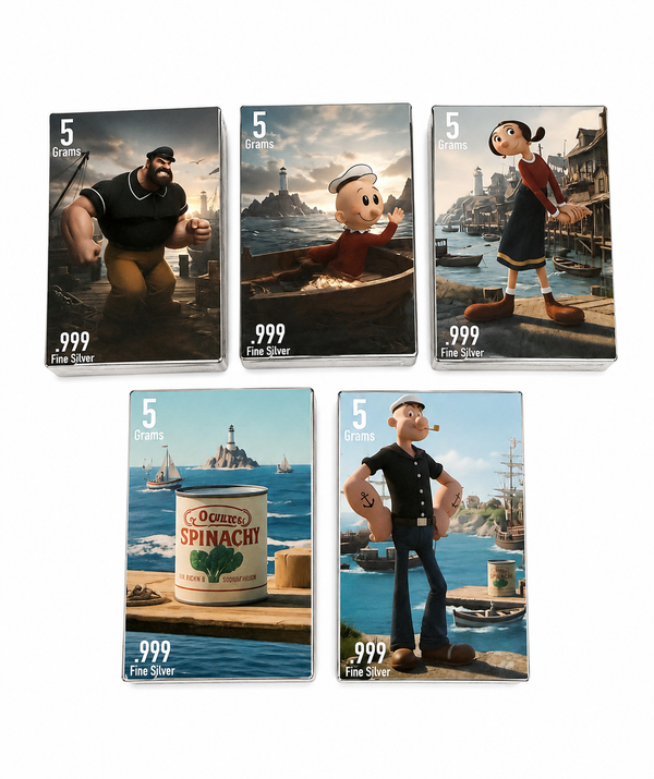 5g Popeye the Sailor Man Fine Silver Bar – Individual Character Collection (.999 Pure) by PAN Silver Company