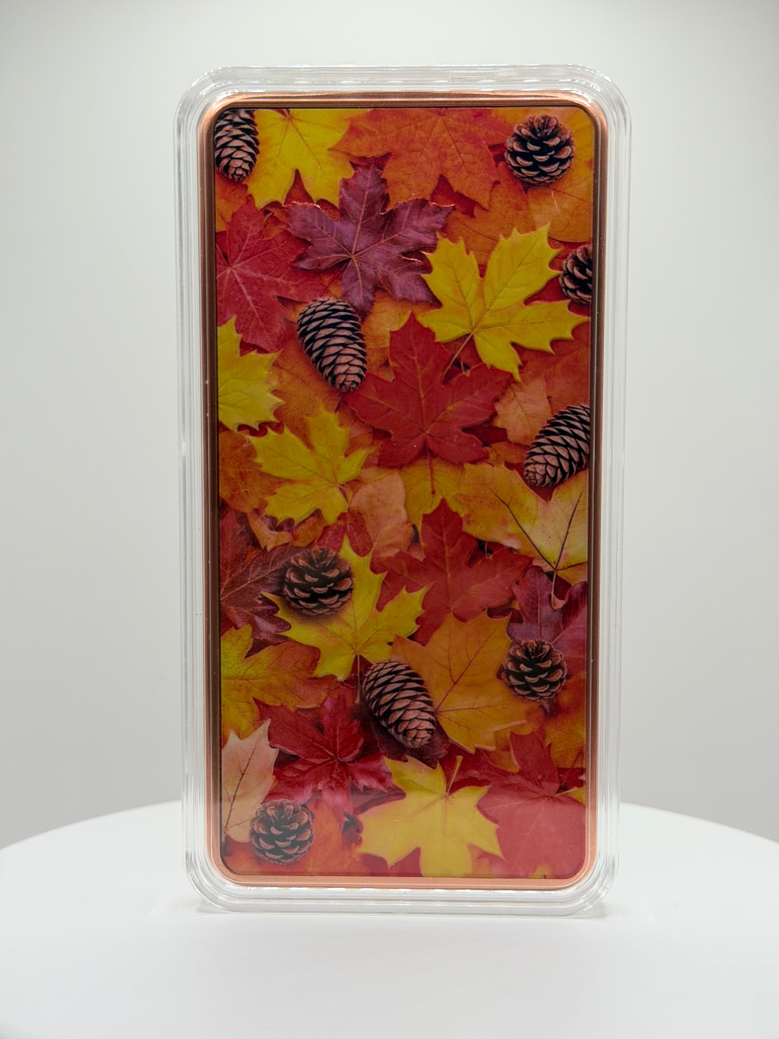 Autumn Leaves & Pinecones 10 oz Colorized .999 Copper Art Bar