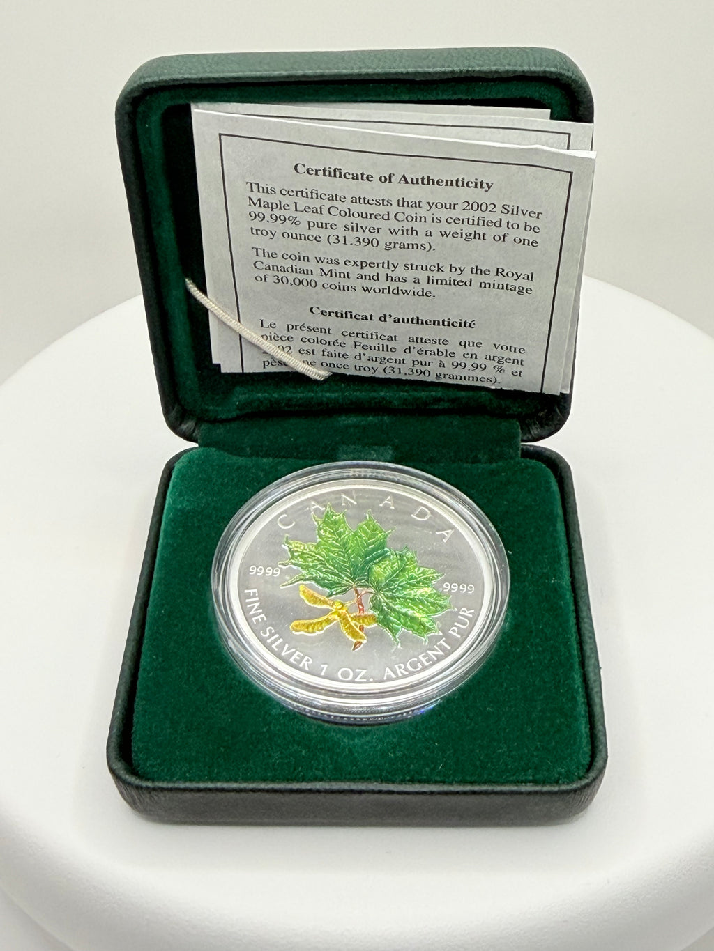 2002 Canada 1 oz Silver Maple Leaf Coloured Coin Box COA