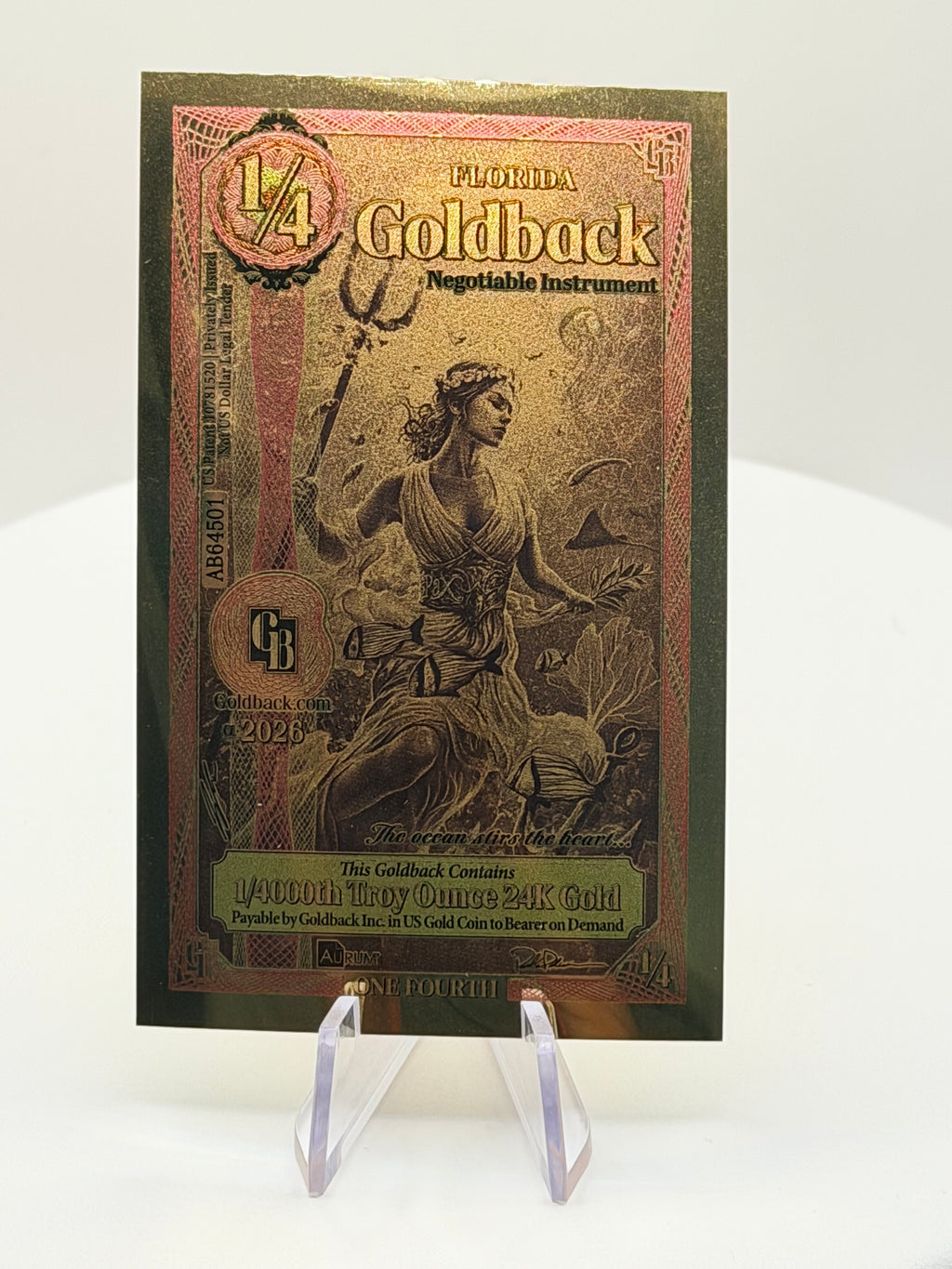 2026 Florida 1/4 Goldback 1/4000 oz 24K Gold Foil Note