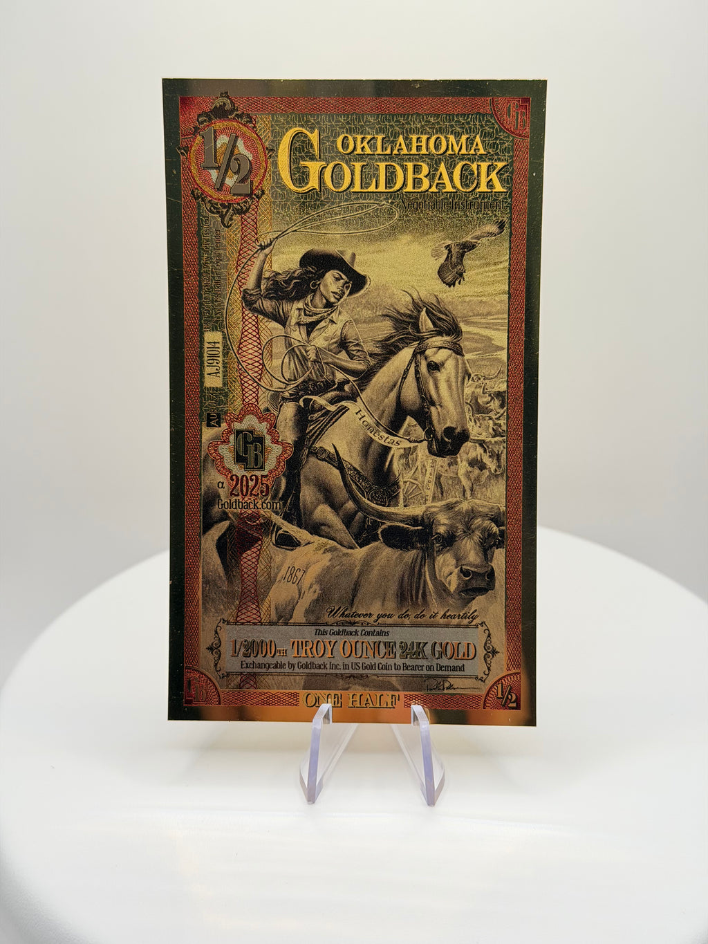 2025 Oklahoma 1/2 Goldback 1/2000 oz 24K Gold Foil Note