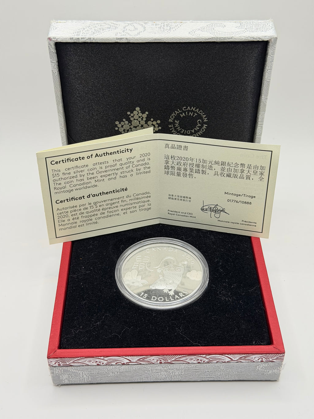 2020 Canada $15 Lunar Year of the Rat 1 oz Silver Proof Coin with COA and Box