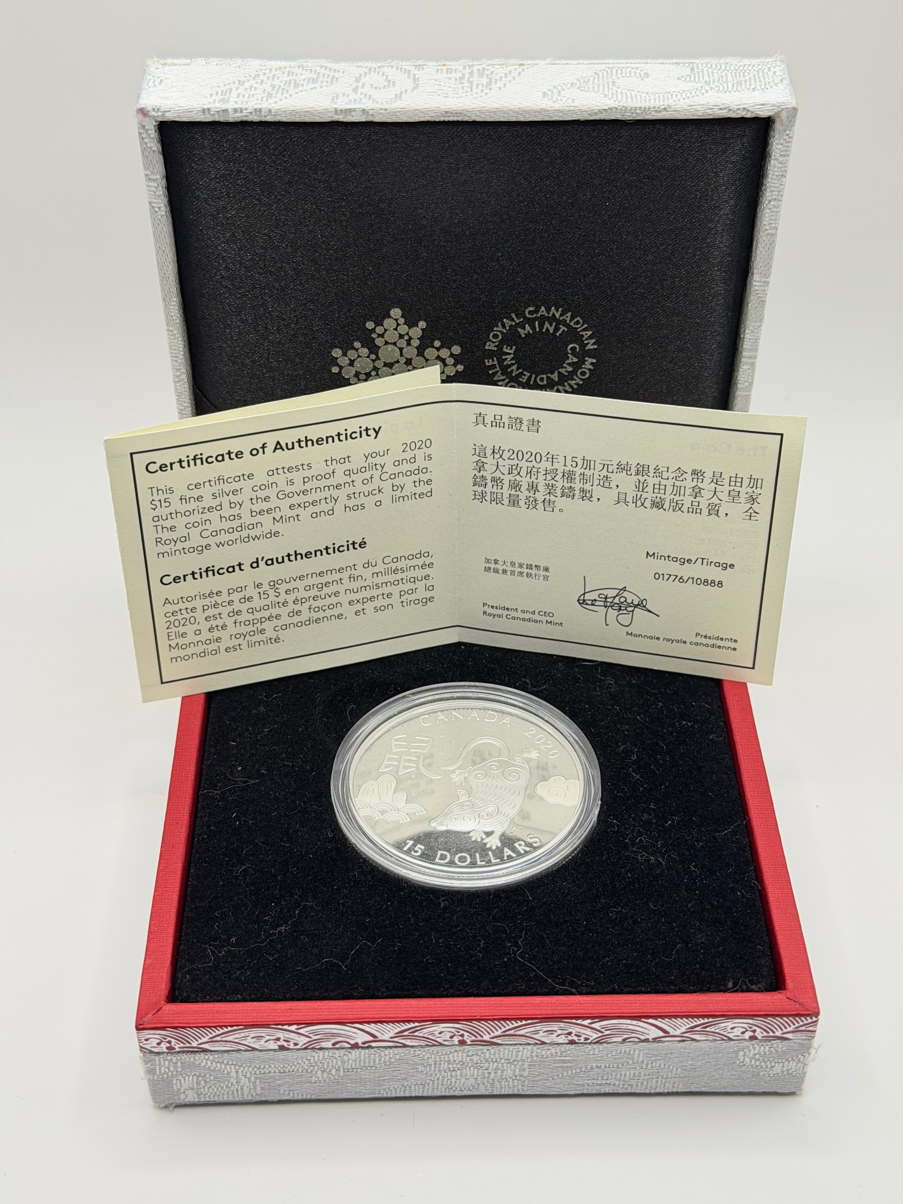 2020 Canada $15 Lunar Year of the Rat 1 oz Silver Proof Coin with COA and Box