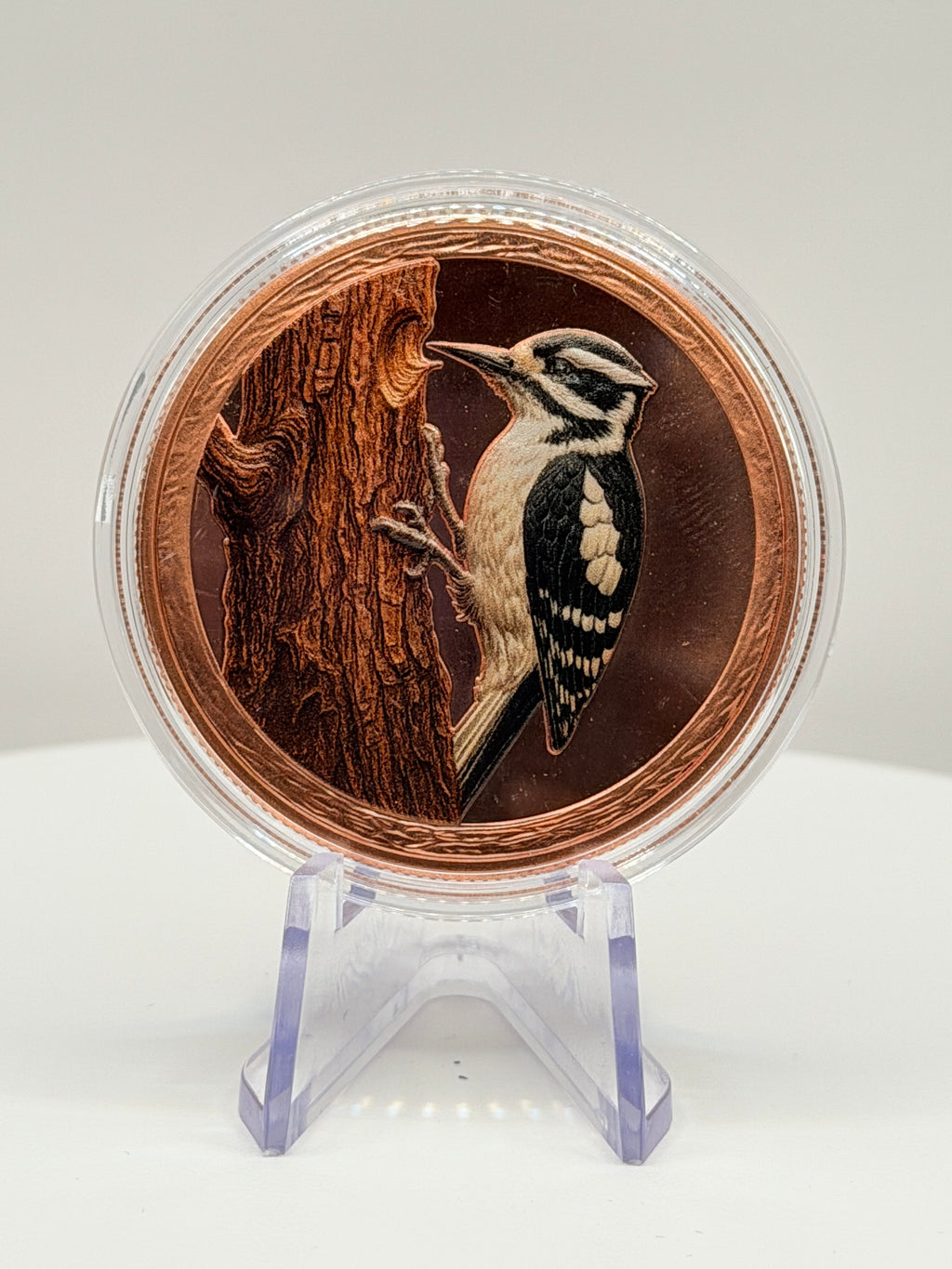 Downy Woodpecker 1 oz Colorized .999 Copper Round Bullion