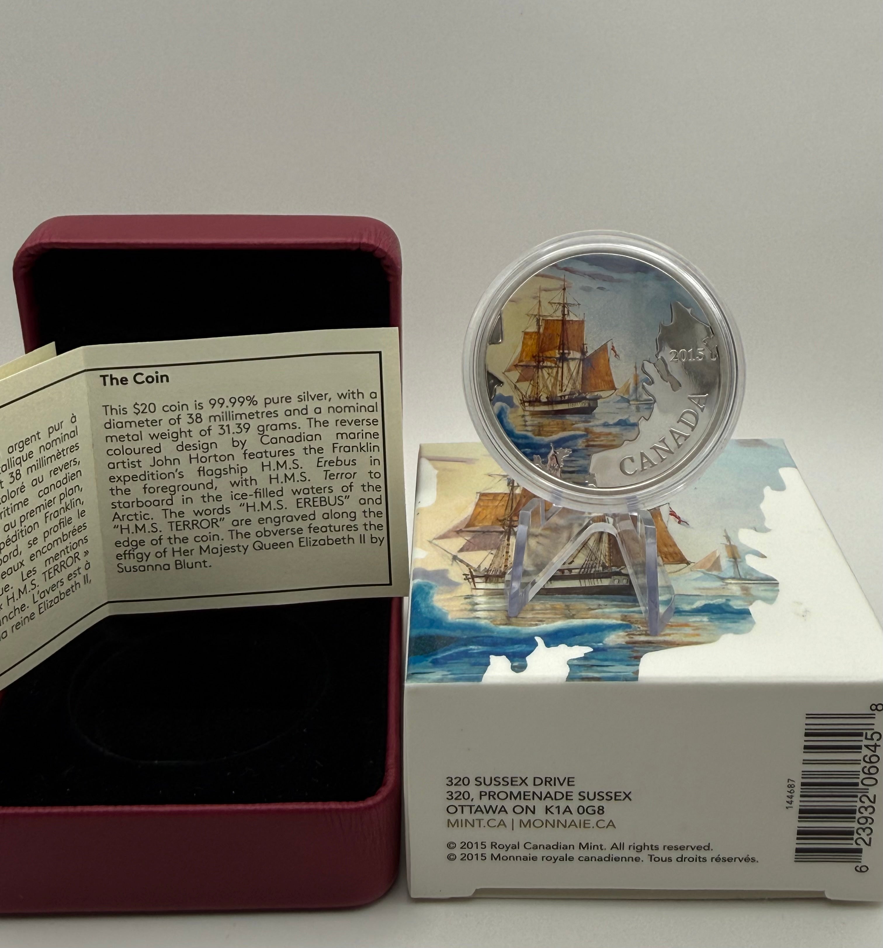 2015 Canada $20 Lost Ships in Canadian Waters: Franklin's Lost Expedition 1 oz Pure Silver Coloured Coin