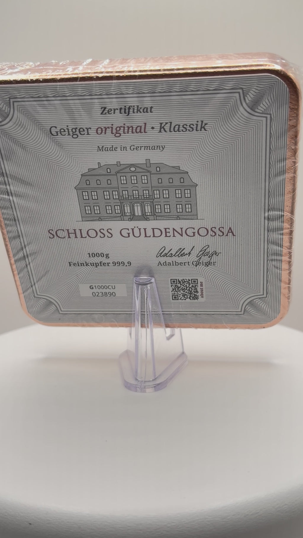 1kg Pure Copper Square Bar .9999 Fine German Bullion Sealed Schloss Güldengossa