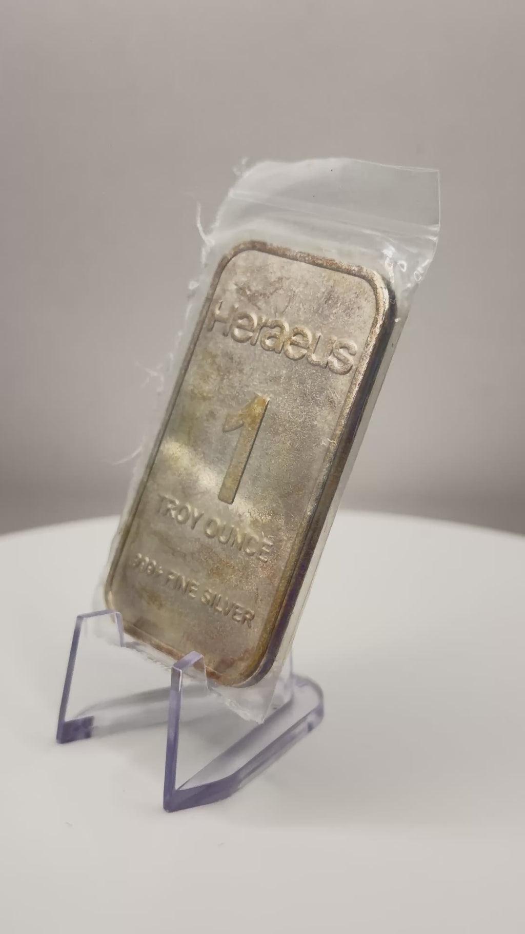 Vintage Heraeus 1 oz Fine Silver Bar .999+ Pure (Original Toned Finish)