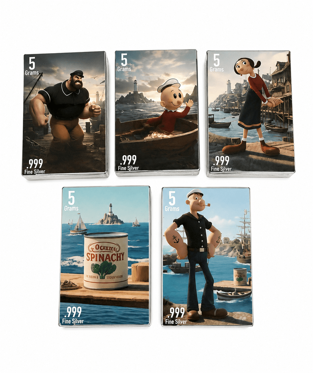 5g Popeye the Sailor Man Fine Silver Bar – Individual Character Collection (.999 Pure) by PAN Silver Company - MMmetalsandmore