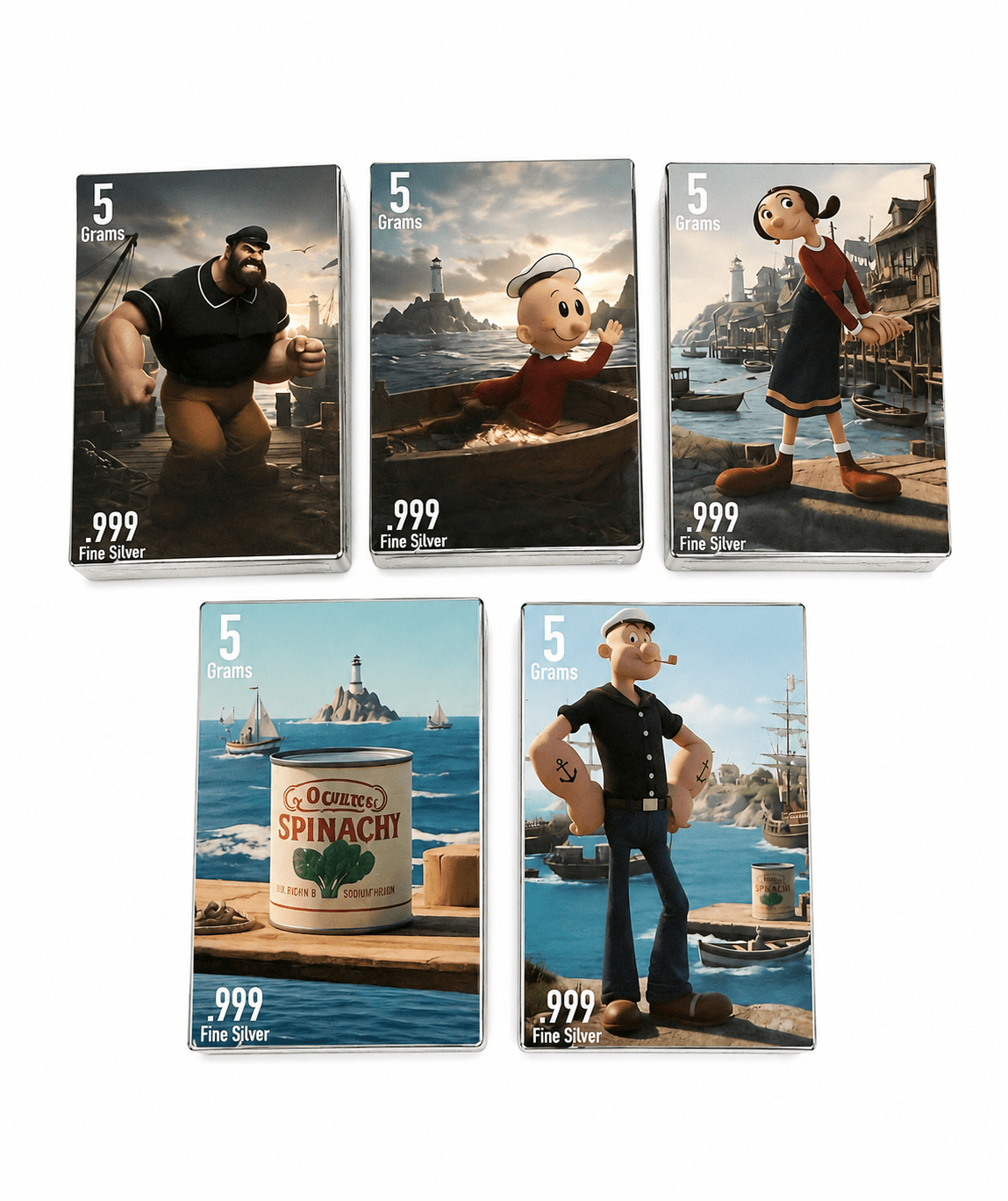 5g Popeye the Sailor Man Fine Silver Bar – Individual Character Collection (.999 Pure) by PAN Silver Company - MMmetalsandmore