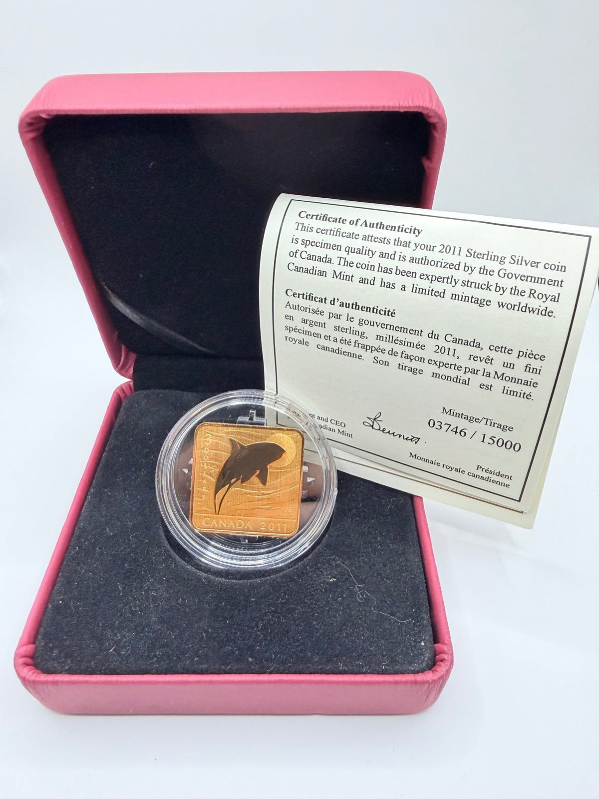 2011 Canada $3 Wildlife Conservation Series: Orca Whale Gold-Plated Sterling Silver Square Coin (Box & COA) - MMmetalsandmore