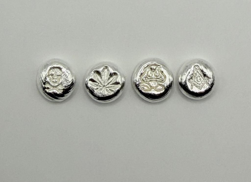 Hand-Poured .999 Fine Silver 1 Gram Art Buttons – 4-Piece Custom Stamped Set - MMmetalsandmore