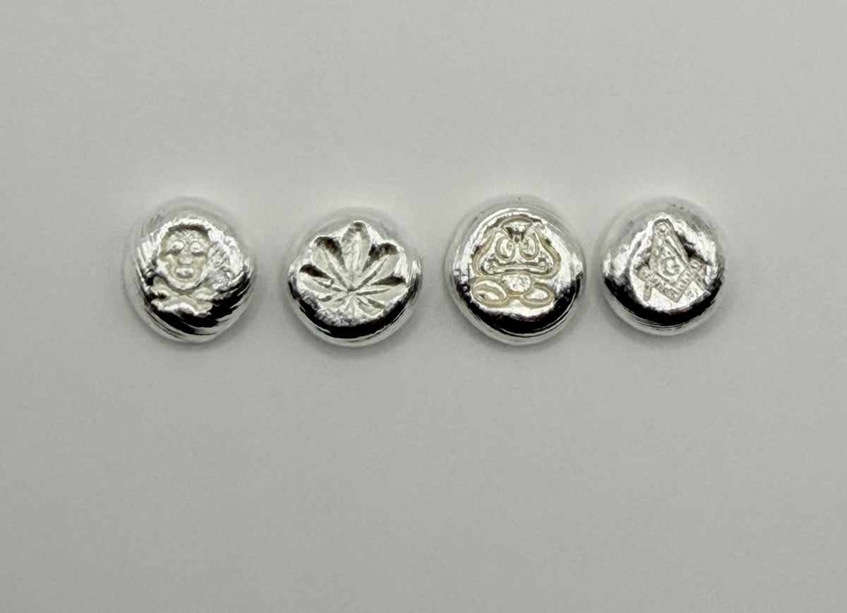 Hand-Poured .999 Fine Silver 1 Gram Art Buttons – 4-Piece Custom Stamped Set - MMmetalsandmore