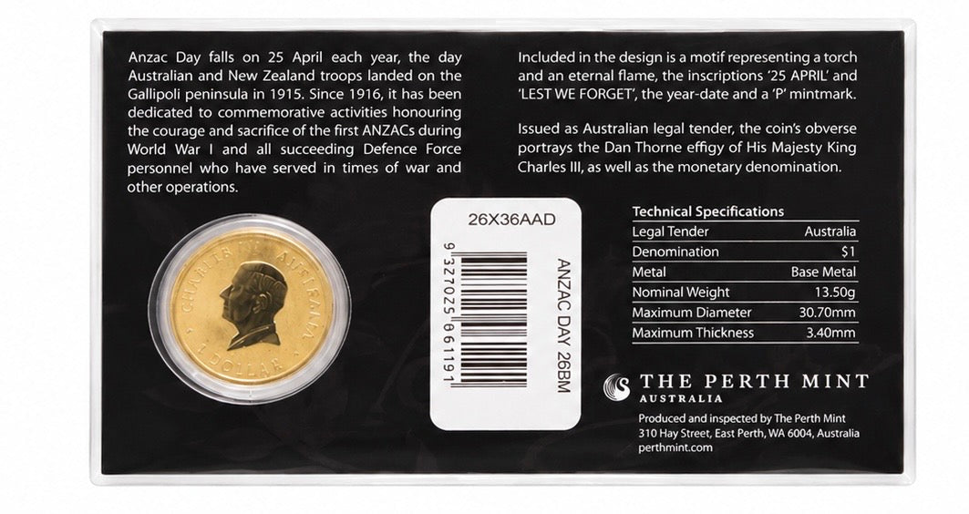 Australia 2024 $1 ANZAC Day Coin in Card – Perth Mint Uncirculated Edition - MMmetalsandmore