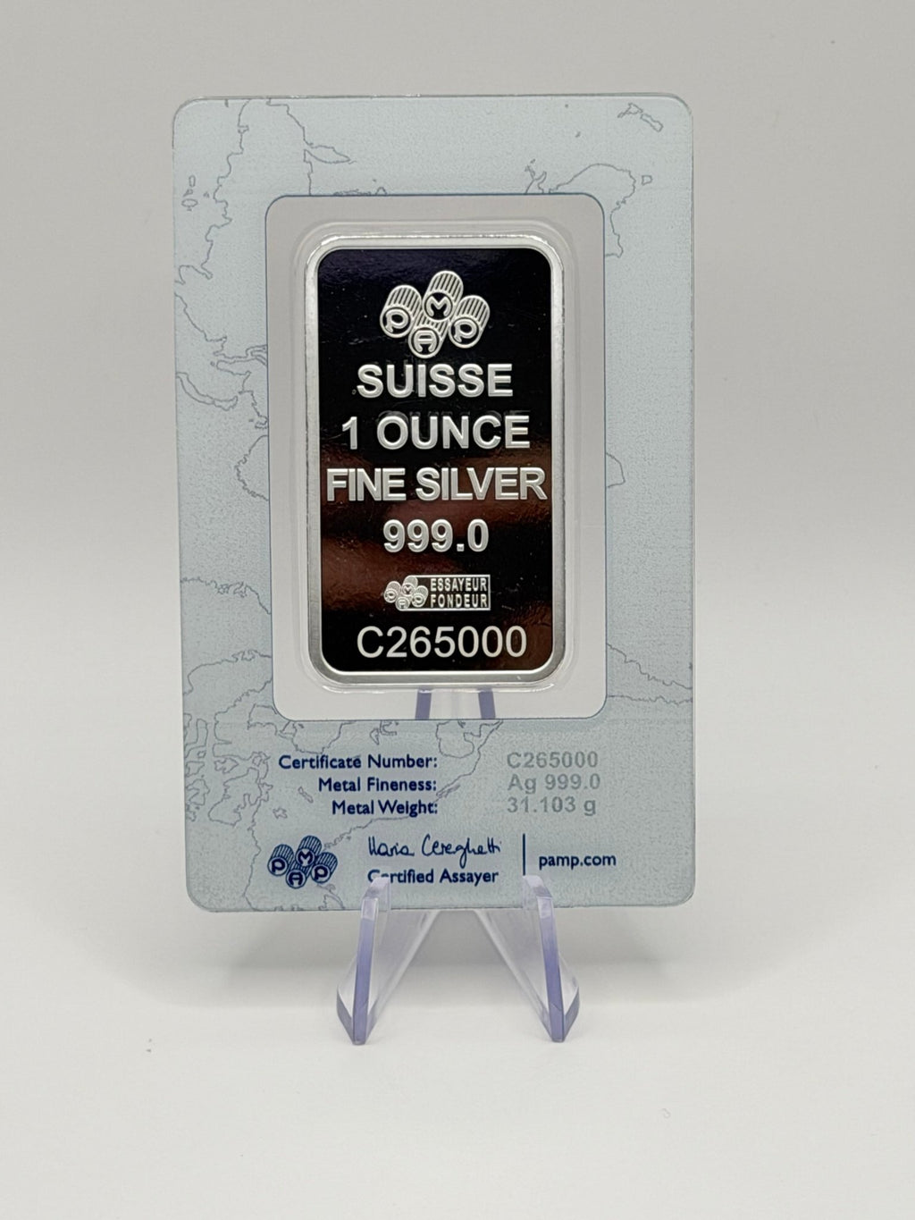 PAMP Suisse 1 oz Silver Bar .999 Pure in Assay (Cert C265000) - MMmetalsandmore