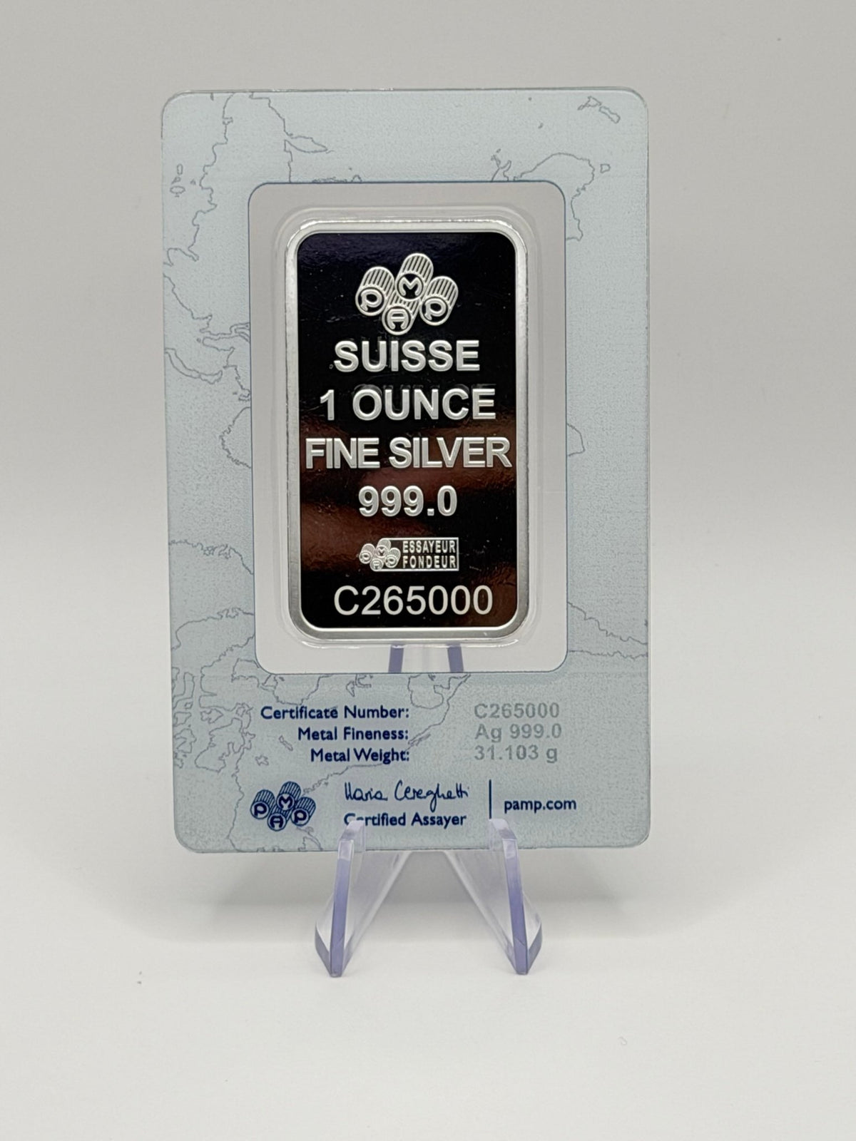 PAMP Suisse 1 oz Silver Bar .999 Pure in Assay (Cert C265000) - MMmetalsandmore