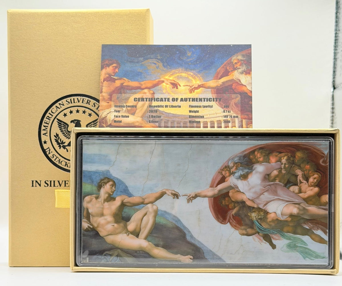 2026 Republic of Liberia The Creation of Adam 1/10 oz .999 Fine Silver Note Coin – Michelangelo Art Masterpiece with COA & Gift Box - MMmetalsandmore