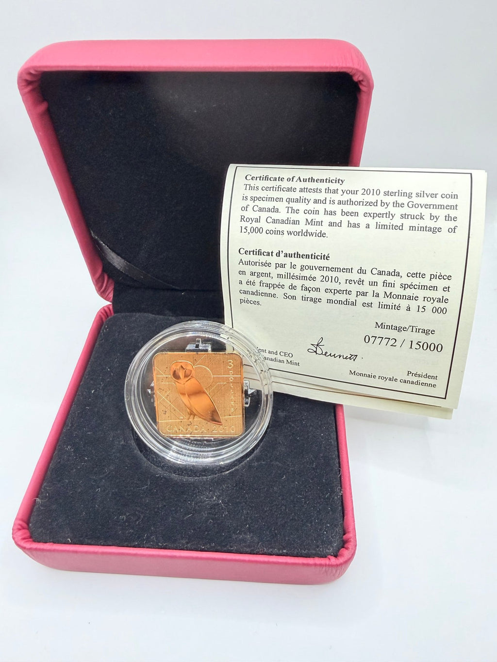 2010 Canada $3 Wildlife Conservation Series: Barn Owl Gold-Plated Sterling Silver Square Coin (Box & COA) - MMmetalsandmore