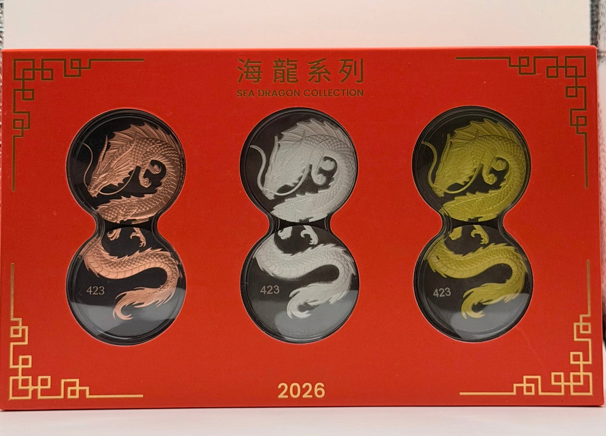 2026 Sea Dragon Coin Set – 6oz Fine Copper, Silver & Gold Gilded Medals - MMmetalsandmore