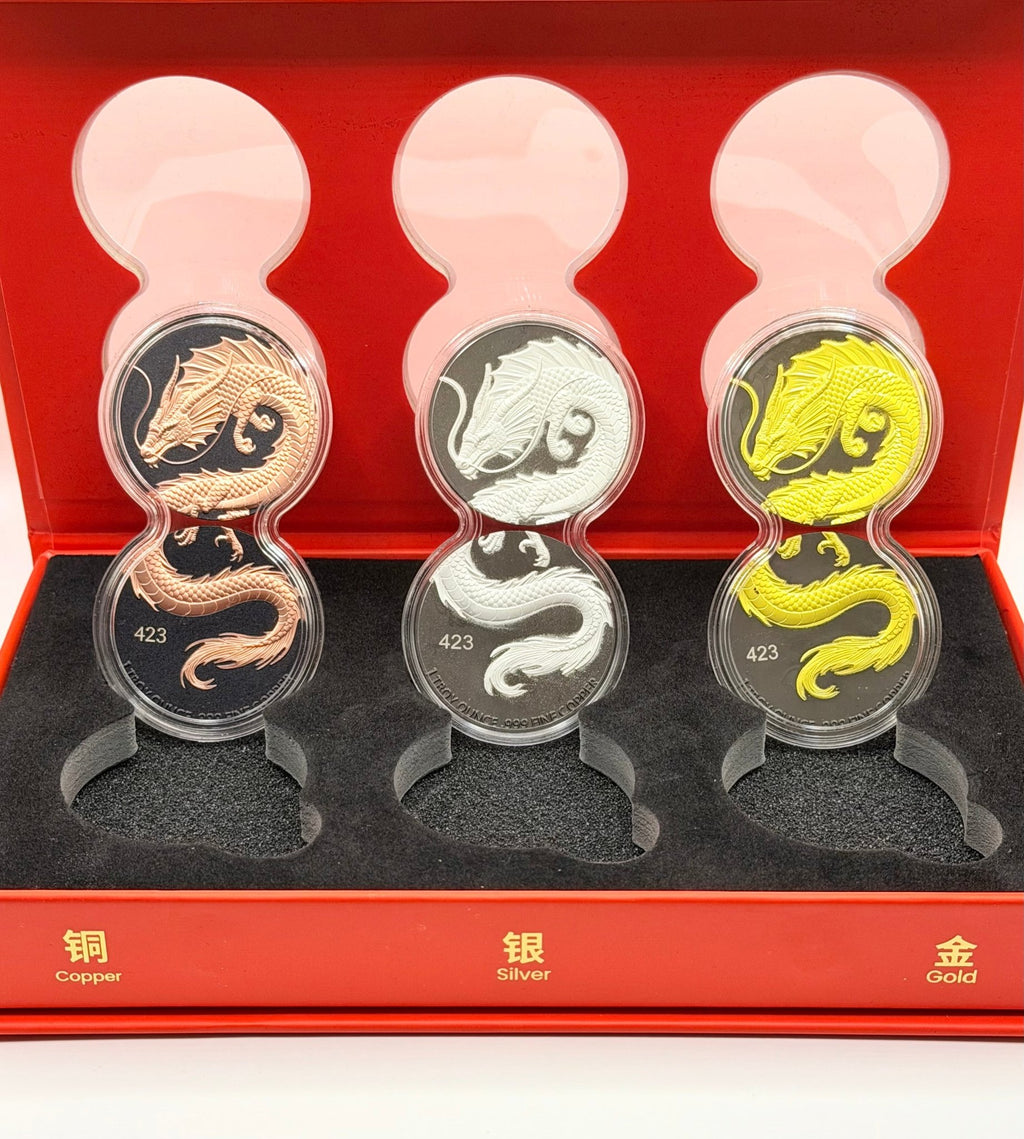 2026 Sea Dragon Coin Set – 6oz Fine Copper, Silver & Gold Gilded Medals - MMmetalsandmore