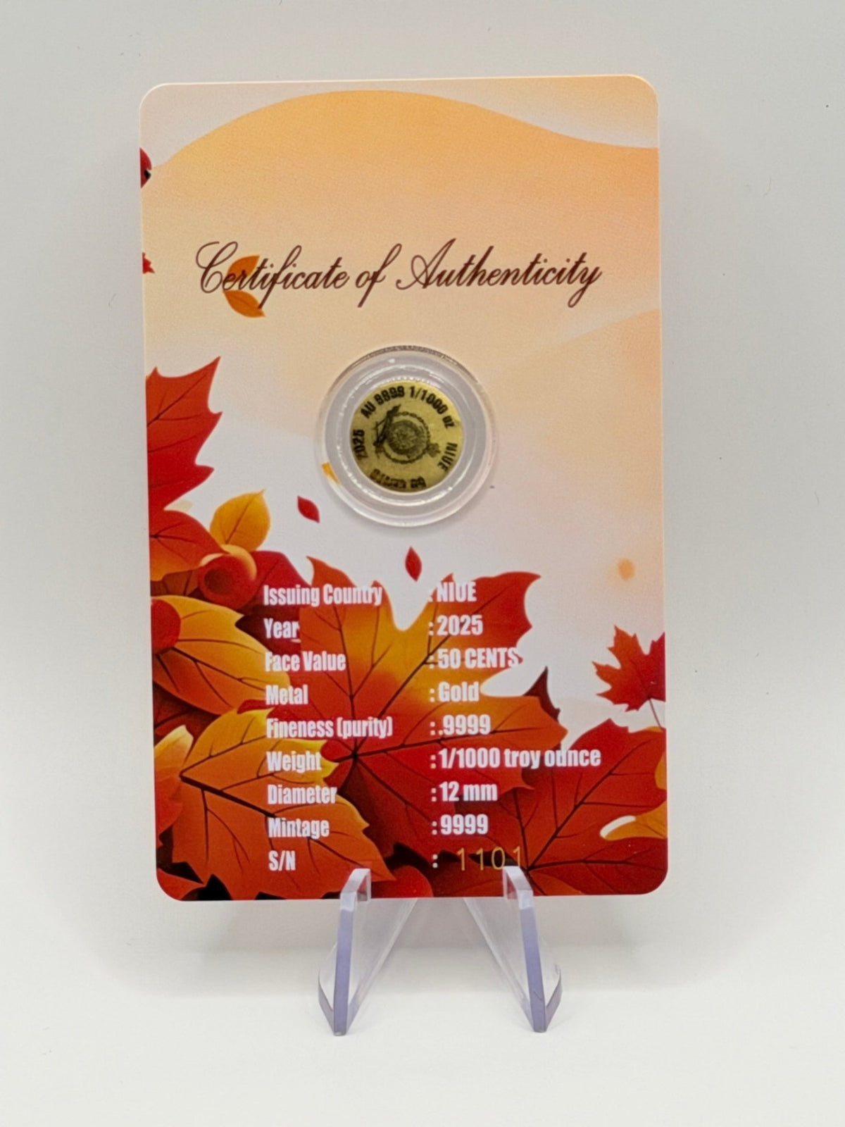 2025 Niue Autumn Leaves 1/1000 oz .9999 Pure Gold Coin in Assay Card - MMmetalsandmore