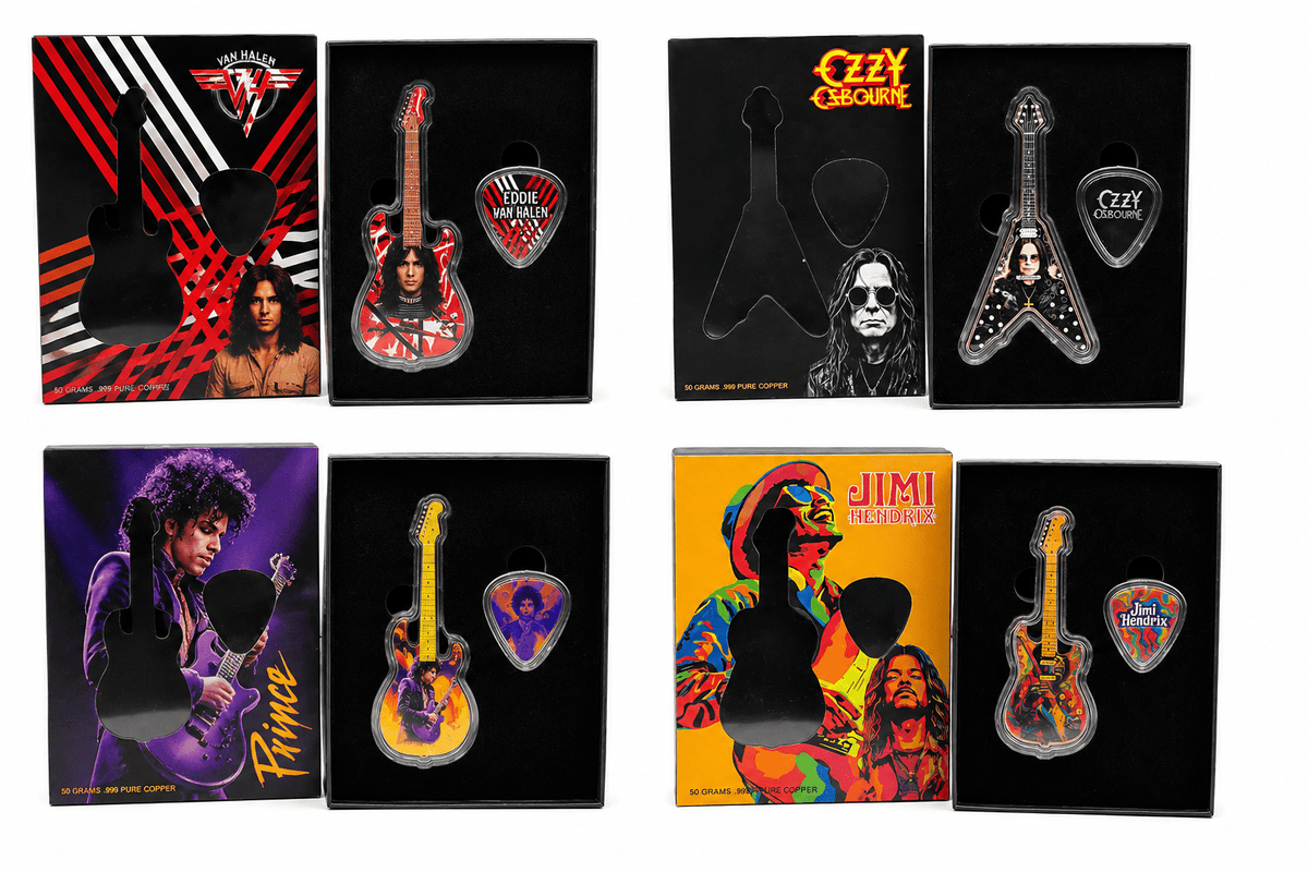 2026 Rock Icons Guitar & Pick Set 54.6g .999 Pure Copper Limited Edition Box - MMmetalsandmore