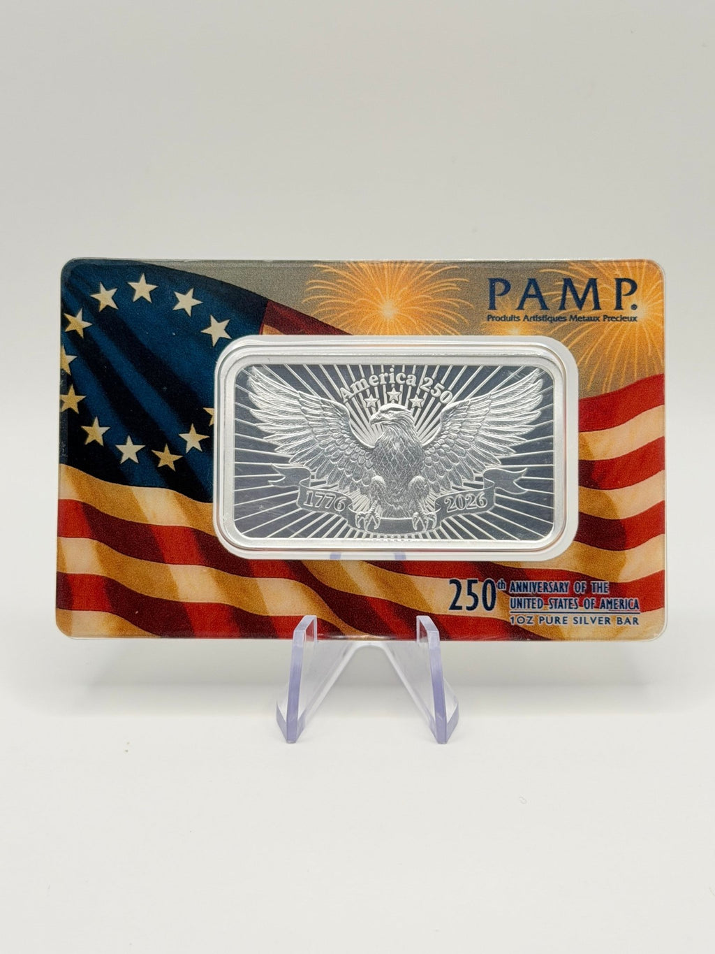 PAMP Suisse USA 250th Anniversary 1 oz Fine Silver Bar .999 Pure in Assay Card (Serial 00118) - MMmetalsandmore