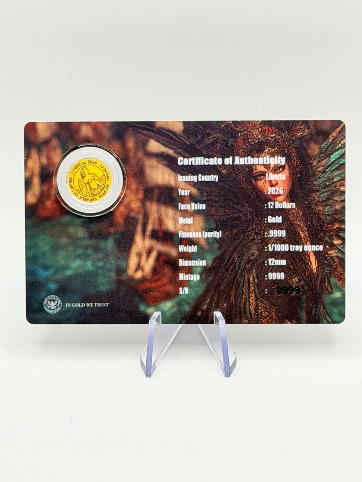 2026 Liberia Siren 1/1000 oz .9999 Pure Gold Coin in Assay Card - MMmetalsandmore
