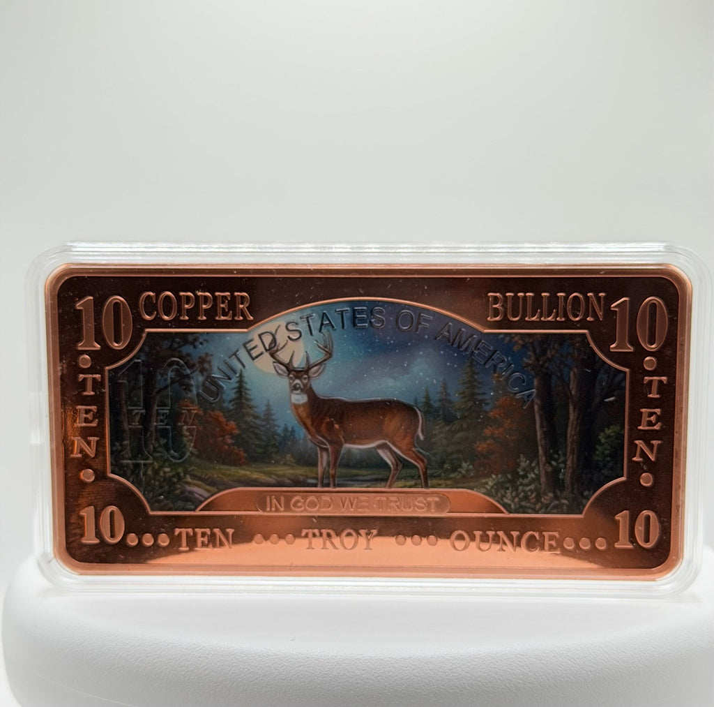 10 oz Deer Currency Colorized .999 Fine Copper Art Bar Bullion - MMmetalsandmore