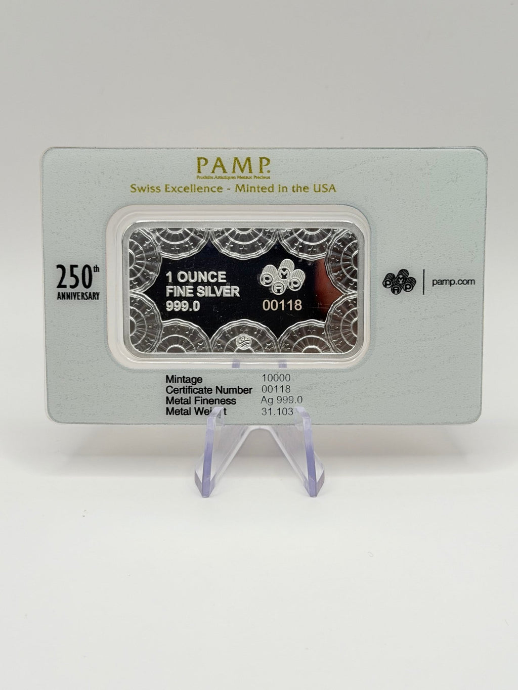 PAMP Suisse USA 250th Anniversary 1 oz Fine Silver Bar .999 Pure in Assay Card (Serial 00118) - MMmetalsandmore