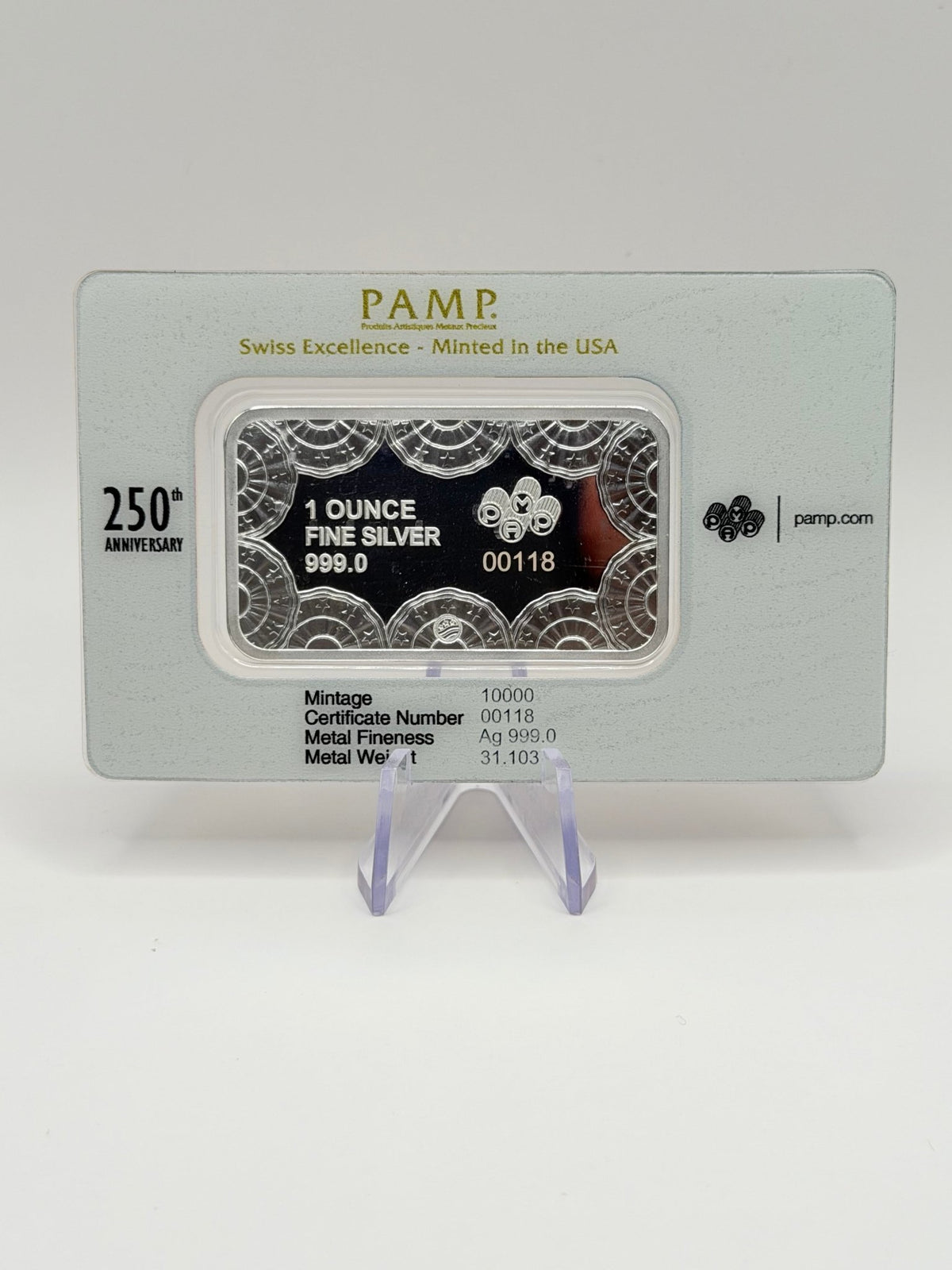 PAMP Suisse USA 250th Anniversary 1 oz Fine Silver Bar .999 Pure in Assay Card (Serial 00118) - MMmetalsandmore
