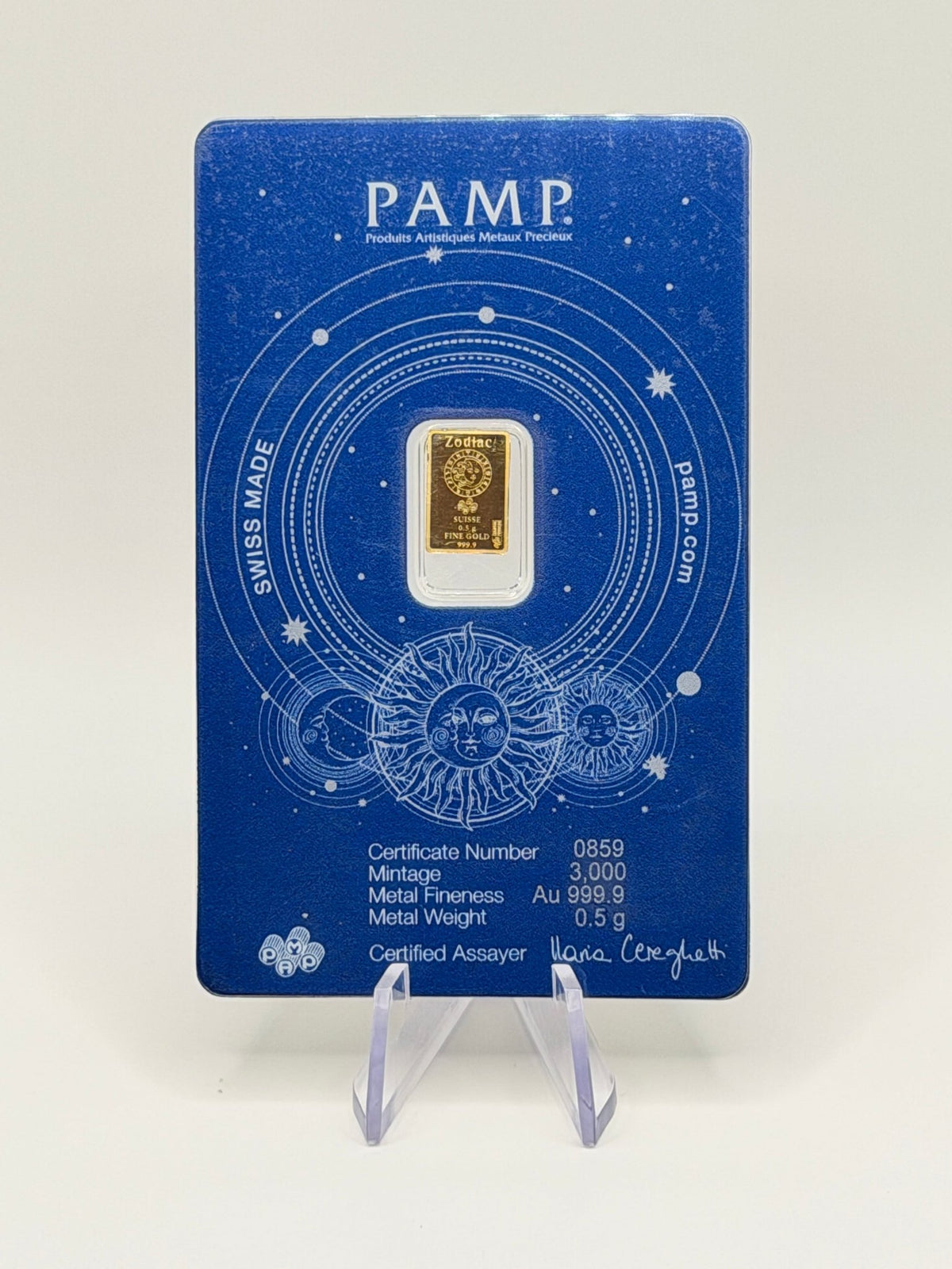 PAMP Suisse Zodiac Series 0.5g .9999 Fine Gold Bar in Certified Assay Card - MMmetalsandmore